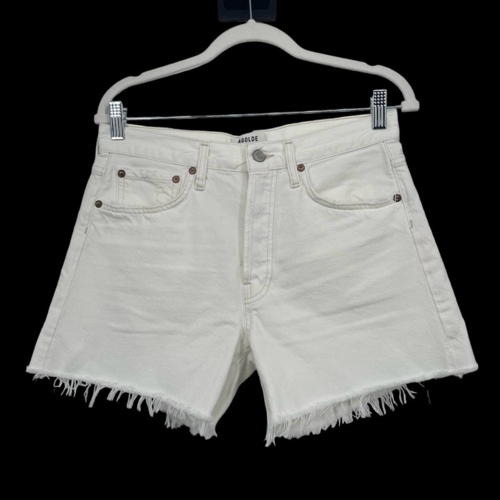 Agolde 27 Parker Long Short High Rise Button Fly White Panna Cotta Frayed Hem 30
